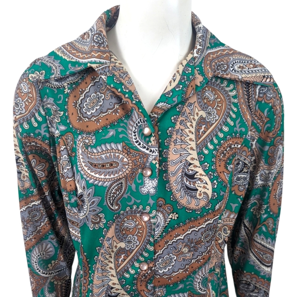 Vintage 70s 60s Paisley Shirt Dress Womens Large Polyester Green Shift - Picture 2 of 13